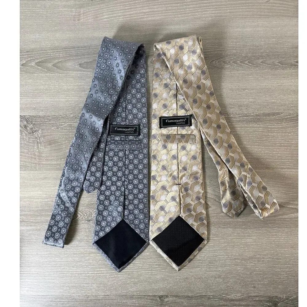 Fumagallis Uomo Lot of 2 Ties- Gray‎ Geometrical Designs and Tan- 100% Silk- EUC